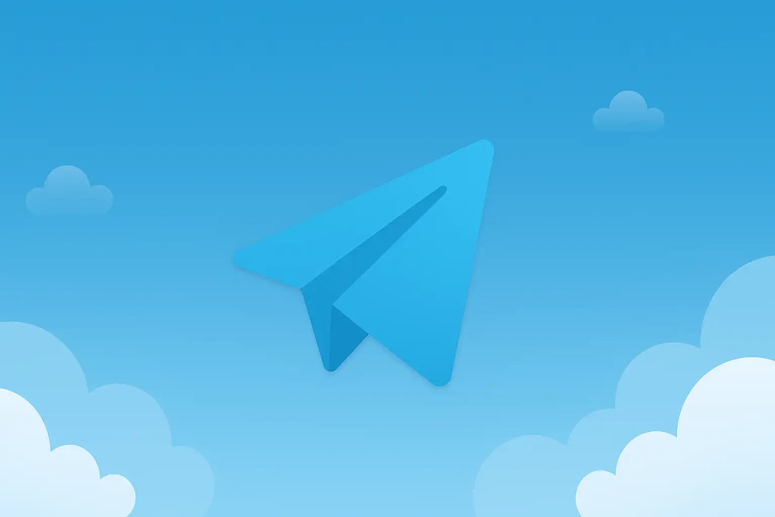 Blue paper airplane icon with white clouds and clear sky background.telegram logo